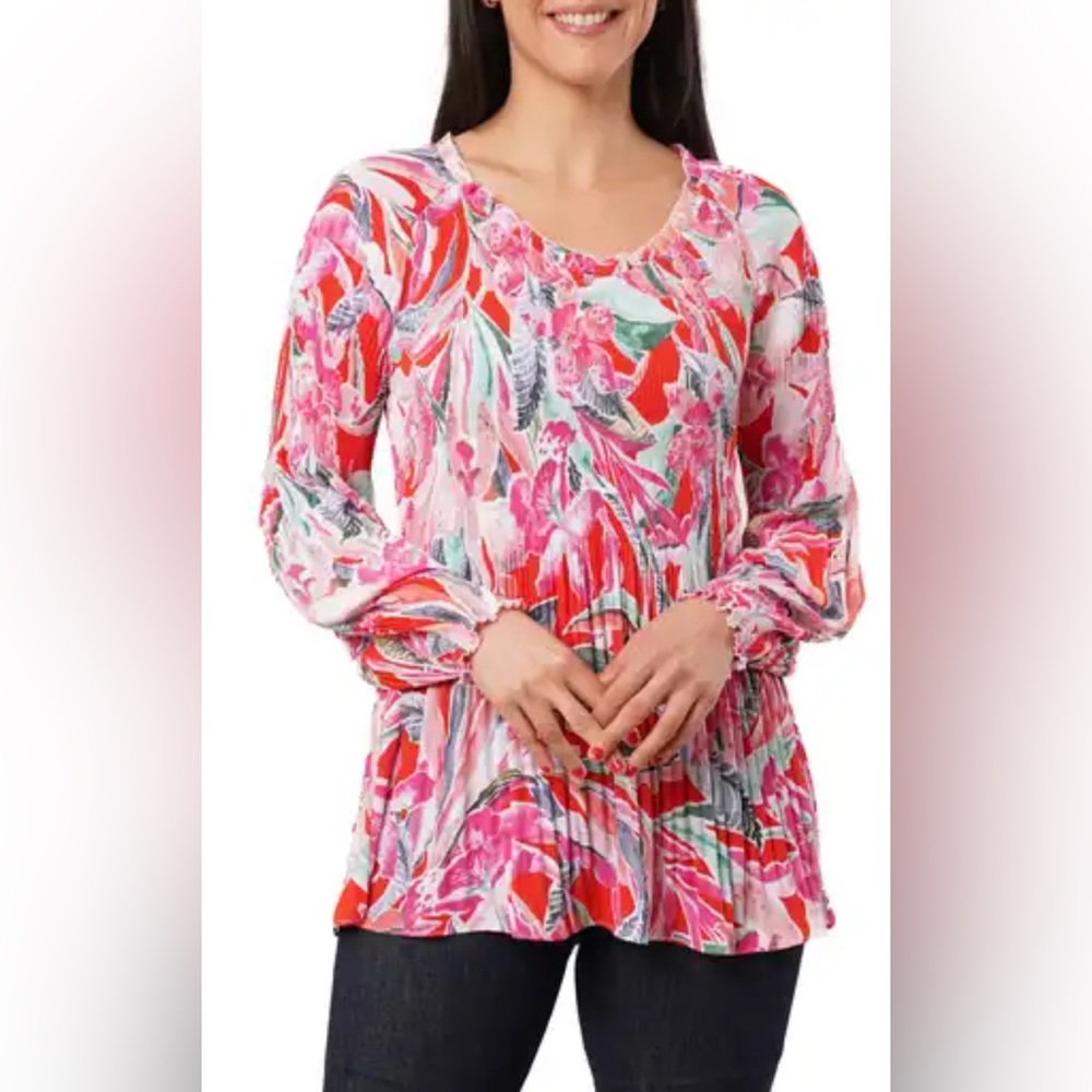 Sunny Leigh Pleated Tie Neck Pink and Red Floral Blouse